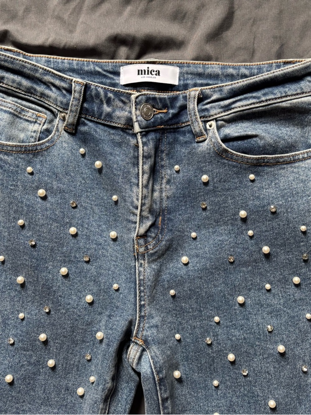 Mica size 28 Pearl and Rhinestone-Embellished Women's Jeans - Light Blue - Picture 2 of 10